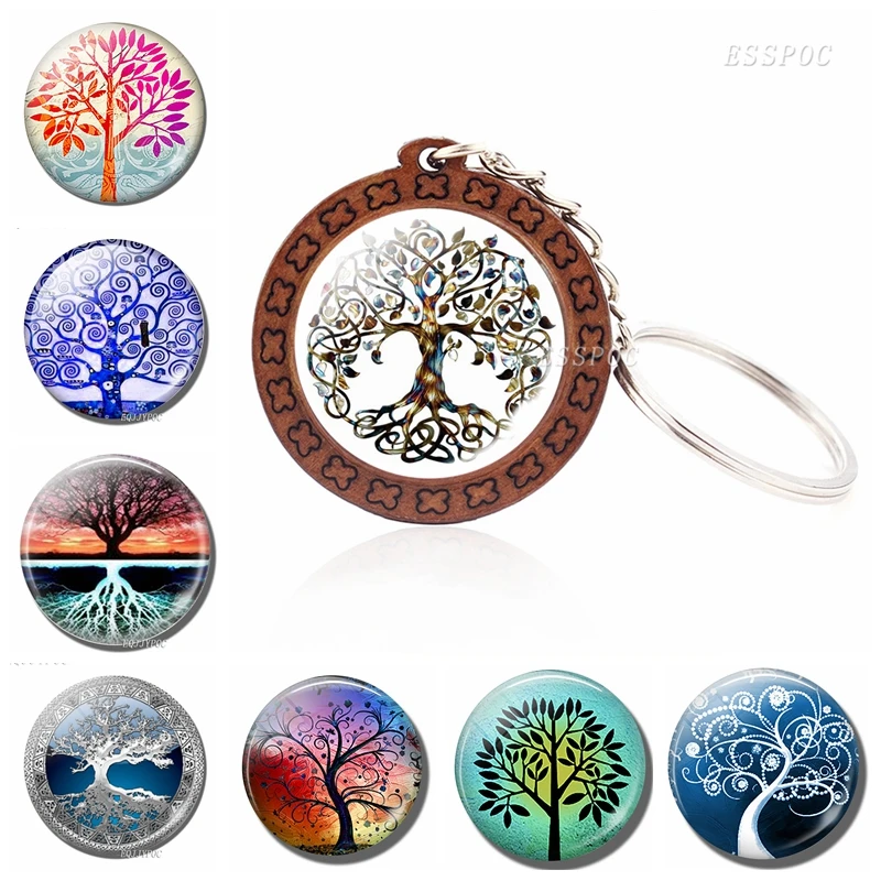

Vintage Men Women Wood Jewelry Tree of Life Glass Cabochon Wood Pendant Keychain Keyring Car Key Holder for Friends Gifts