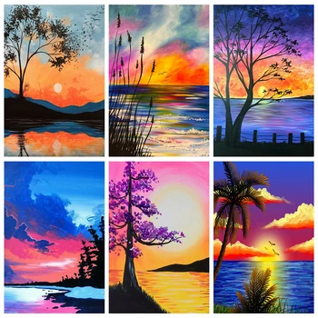

HUACAN Diamond Embroidery Sunset 5D Diamond Painting Tree Mosaic Cross Stitch Landcsape Decor For Home