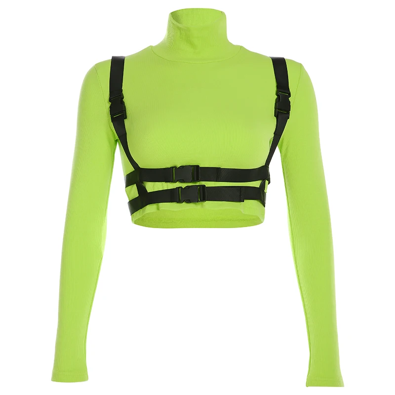 Rockmore Moto& Biker женская футболка с ремнем с пряжкой облегающий короткий топ с длинным рукавом Базовая футболка зеленая водолазка рубашки черные футболки