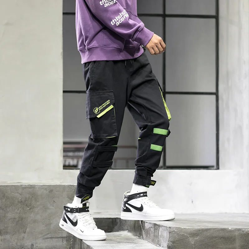 

2019 Autumn Workwear Japanese-style Bags Velcro Men's Casual Pants Black And White with Pattern