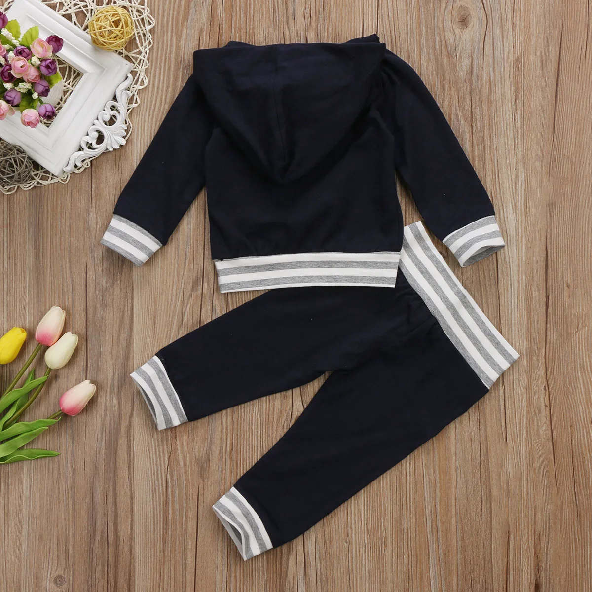 lovely Newborn Baby Boys Striped outfits long sleeve pocket Hooded sweatshirt long blue Pants Leggings Set Clothes for baby