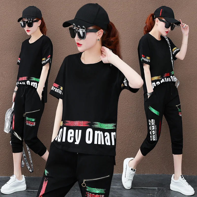 

Summer Tracksuit Short Sleeve Sweatshirt + Capri Pants 2 Piece Set Women Hip Pop Tracksuits Korean Style Lady Sweat Suit Outfits