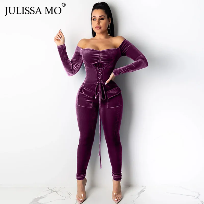 Фиолетовый Julissa mo сексуальный Облегающий комбинезон с открытыми плечами женский фланелевый бандажный комбинезон с длинным рукавом Комбинезоны зимние элегантные на шнуровке комбинезон - Цвет: Фиолетовый