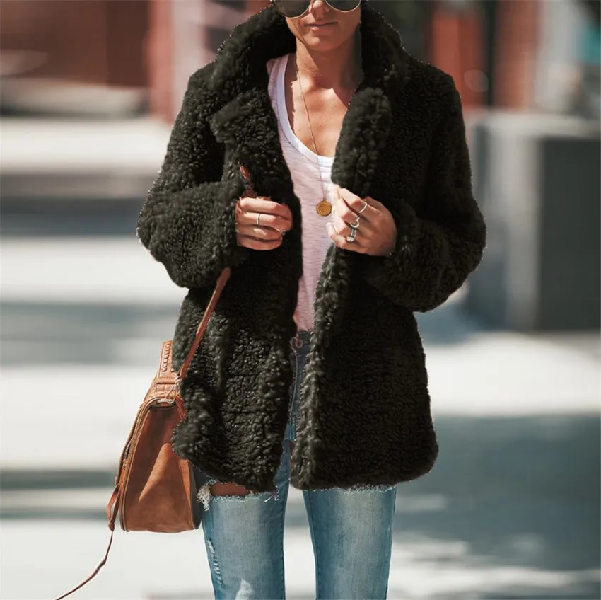 Новинка, Женское пальто, осенне-зимняя куртка из искусственного меха, Женское пальто большого размера, плюшевое пальто, новое офисное женское пальто с длинным рукавом, открытая стежка - Цвет: Black