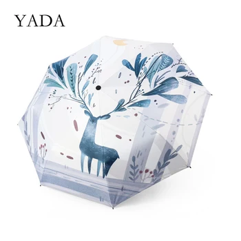 

YADA 2020 Hand-Painted Deer Elk Pattern 3-Folding Umbrella Women UV Rainproof Umbrella Parasol Rain Sun Light Umbrellas YD200194