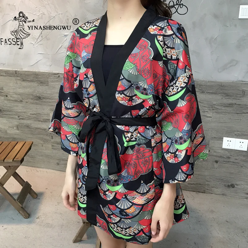 Japan Kimono Women Yukata Women With Belt Blouse New Fashion Kimono Blouse Japanese Fan Print Women Shirt Summer Sunscreen Tops