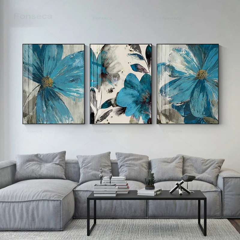 Vintage Blue Paint Flowers Canvas Painting Abstract Poster Blooming Life Stampa Botanica Wall Art Picture Living Room Decoration