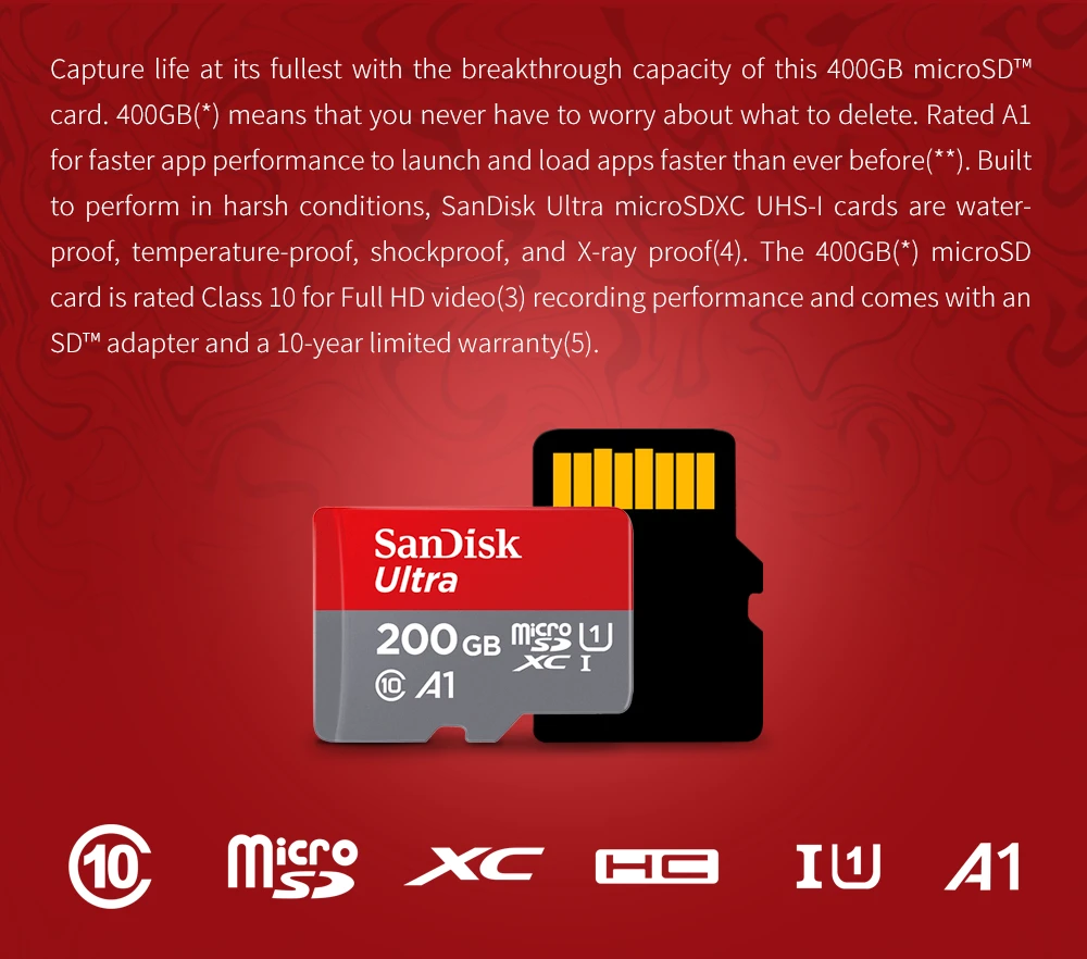 Карта памяти SanDisk Ultra, 400 ГБ, 256 ГБ, 200 ГБ, 128 ГБ, 64 ГБ, 98 МБ/с./с, 32 ГБ, 16 ГБ, карта Micro sd, класс 10, UHS-3, A1, флеш-карта SD/TF, Microsd