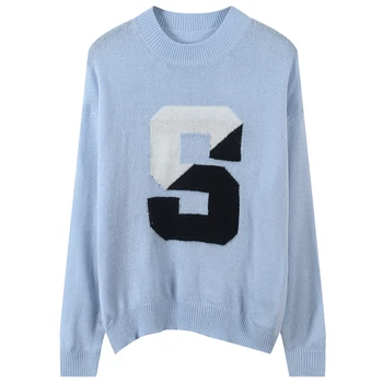 

Runway Letter Patchwork Knitted Sweater Women Oversized Top Long Sleeve Contrast Color Jumper Female Autumn Winter Pull Femme