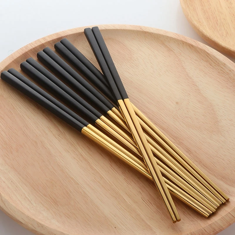 NEW-5 Pairs Chopsticks Stainless Steel Chinese Gold Set Black Metal Chop Sticks Set Used for Sushi Dinnerware