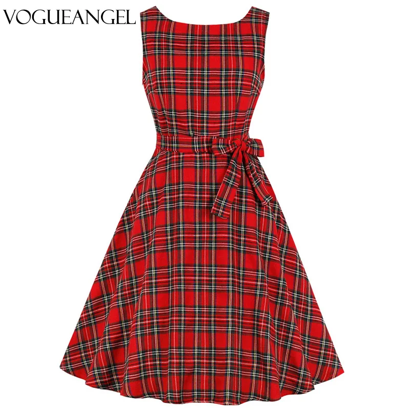 Vestido Vintage de los años 50 y 60 Pin Up para mujer, vestido de Rockabilly Swing con cuello redondo, Vestidos de tartán rojo a cuadros Retro con banda, Vestidos de Hepburn