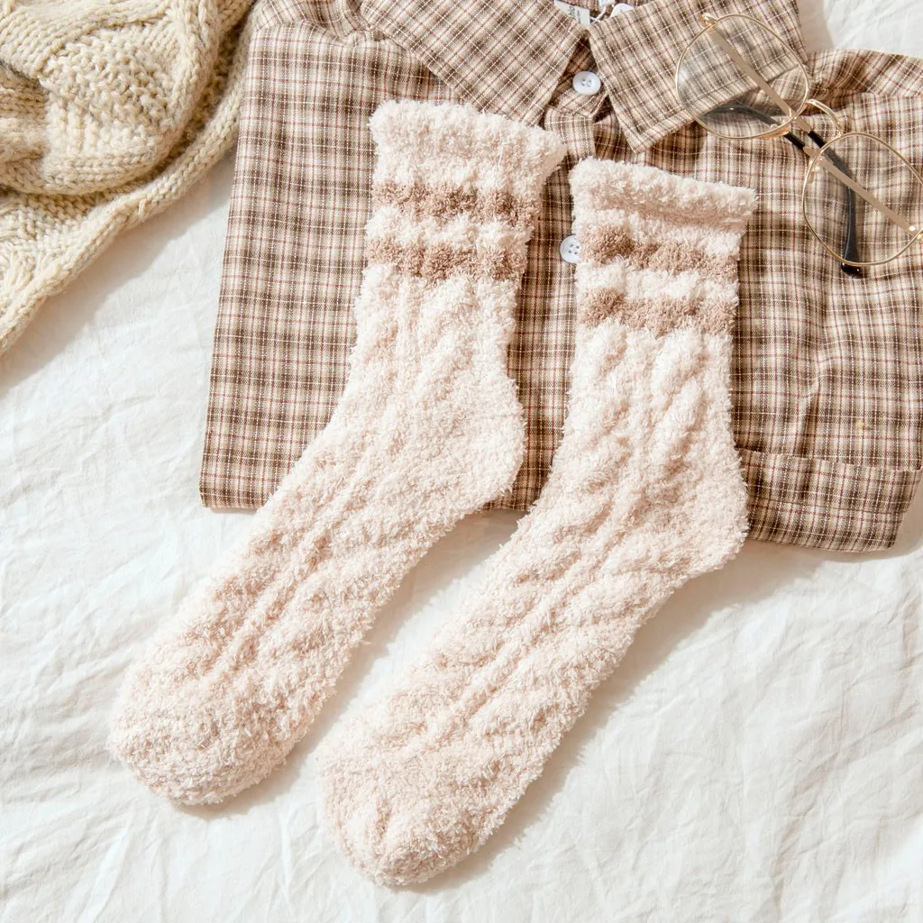 Женские носки; сезон осень-зима; полосатые плюшевые носки-тапочки; плотные теплые носки из кораллового флиса; милые женские носки для девочек; цвет бежевый
