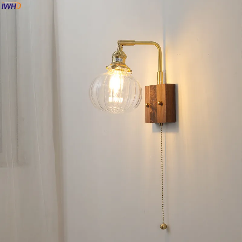 IWHD Nordic Wooden LED Wall Light Fixtures Bedroom Living Room Glass Ball Copper Modern Wall Sconce Wandlamp Pull China Switch