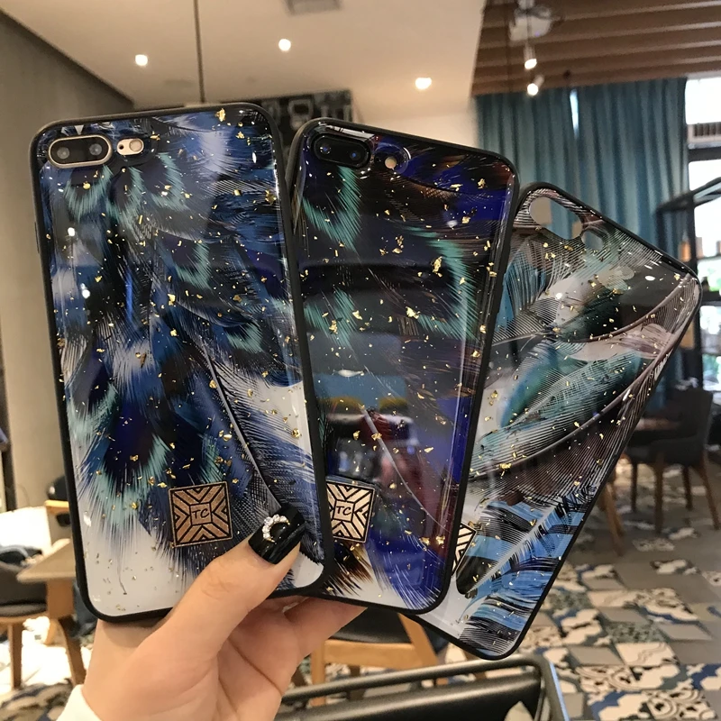 

Feather Marble Glitter Gold Foil Sparkle Sequins Soft Silicone TPU Case Cover For iPhone 6 6s 7 8 Plus 11 Pro X XS XR Max Fundas