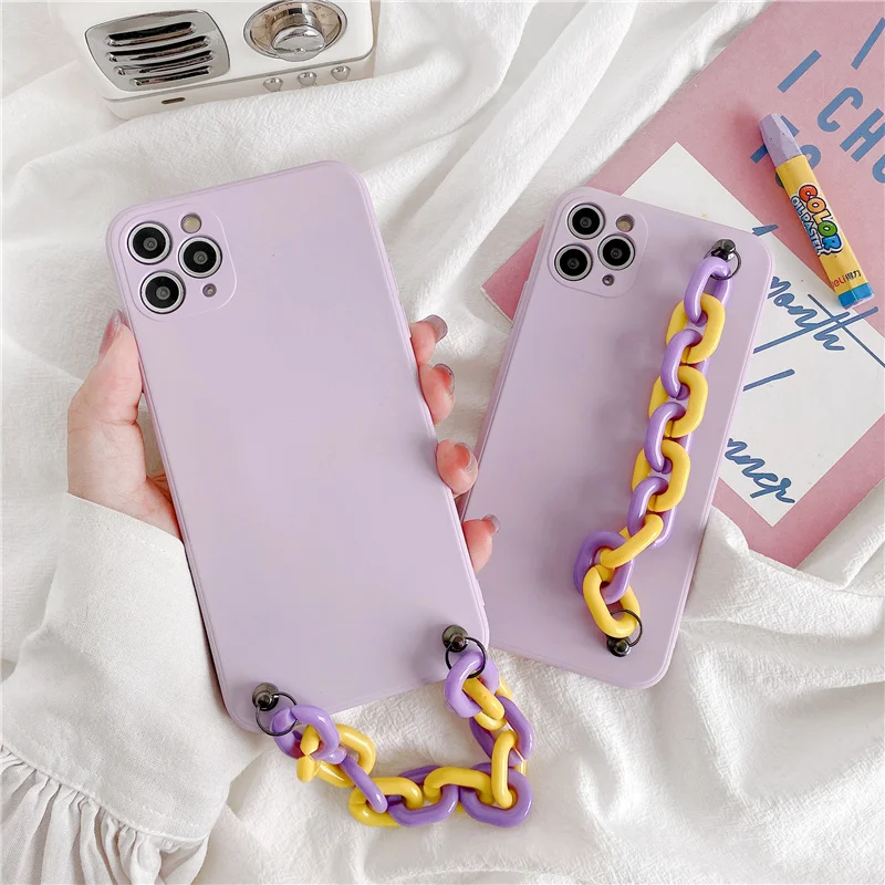 

Colorful chain lanyard phone Case for iphone 11 11Pro X XR XS Max 7 8 Plus SE Matte soft Phone Case protective capa