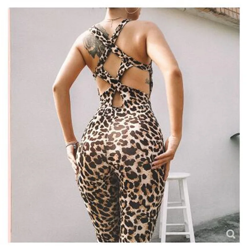 

Leopard Women Yoga Set Sportswear Skinny Gym Yoga Suits Fitness Sleeveless Jumpsuit Pants Sexy Fitness Pants Tight Elastic