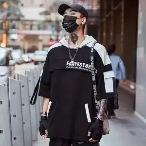 Мужская футболка в стиле хип-хоп, уличная Футболка Harajuku, негабаритная летняя черная футболка с капюшоном, корейские футболки для мужчин - Цвет: 1