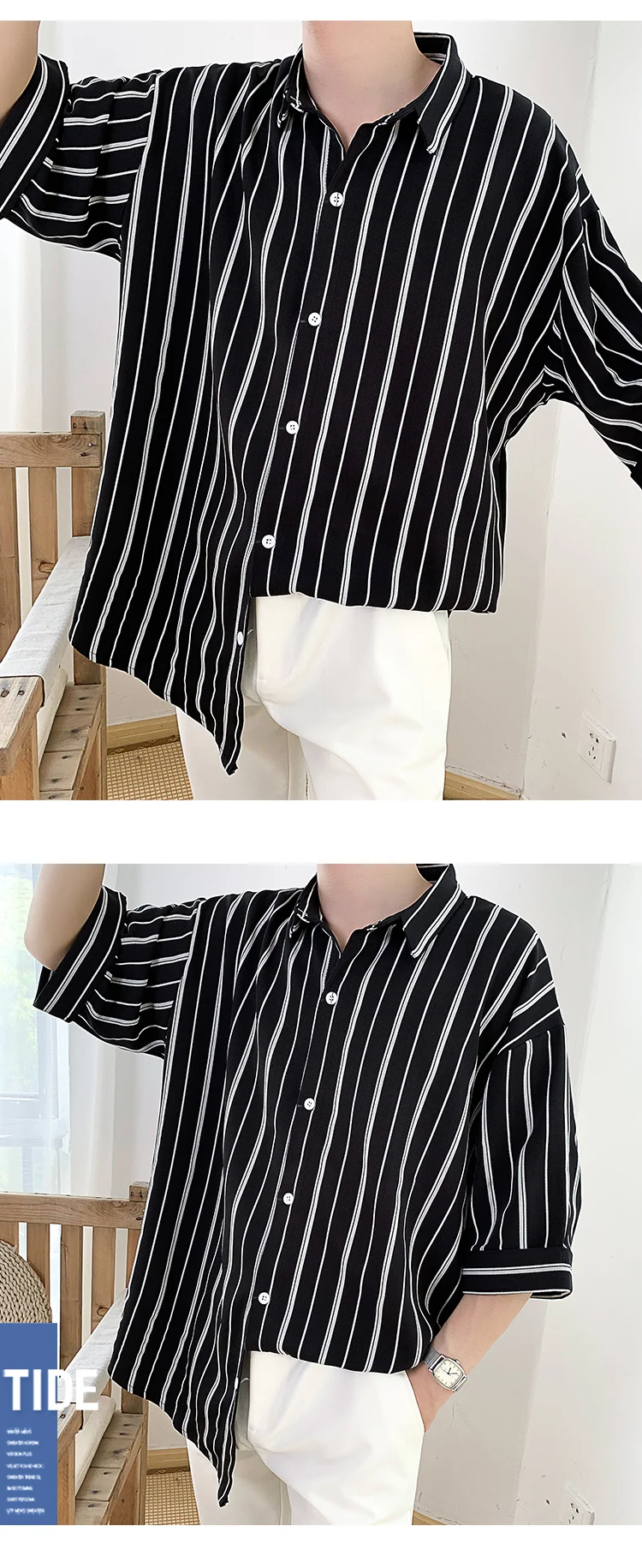 Летние мужские рубашки в японском стиле Харадзюку, Свободные повседневные рубашки с коротким рукавом, квадратная полосатая рубашка с воротником, корейские мужские рубашки