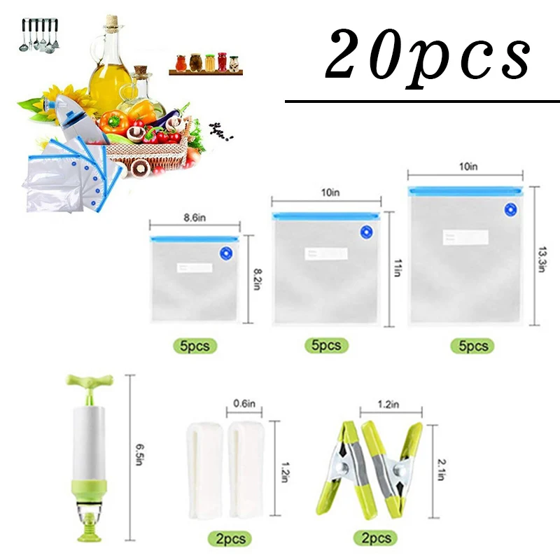 Vacuum Sealing Food Storage Bags Kitchen Reusable W/ Air Pump Sealing Clips Transparent bag design