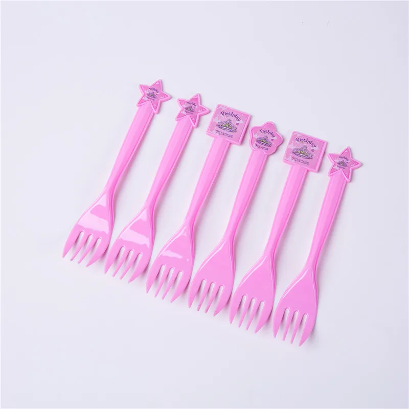 Fork-6pcs Вечерние одноразовые столовые приборы принцессы с сверкающей короной, бумажные стаканчики, салфетки, баннеры, скатерти, семейные вечерние принадлежности - Цвет: Fork-6pcs