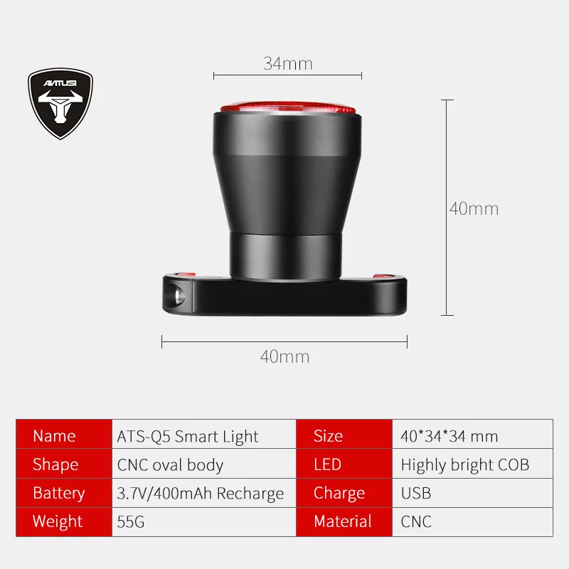 Antusi Q5 Flashlight For Bicycle Bike Rear Light Auto Start/Stop Brake Sensing IP65 Waterproof LED Charging Cycling Taillight