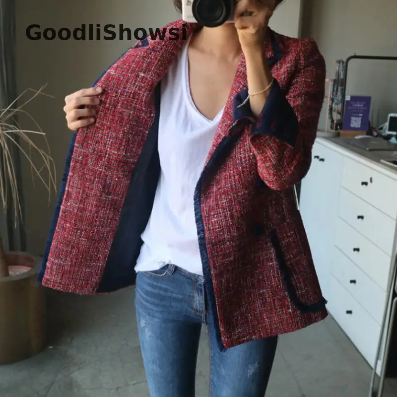 GoodliShowsi, Зимняя мода, Женский твидовый костюм, куртки, топы с кисточками, лоскутные, с зубчатыми лацканами, с карманами, двубортный блейзер