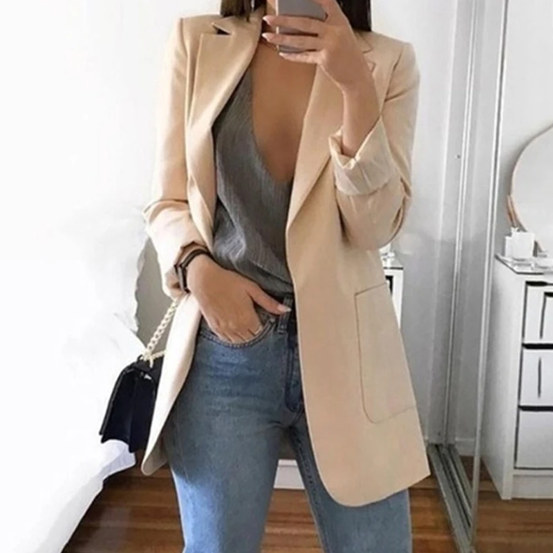 Finest Women's Casual Mid Coat Lapel Slim Cardigan Outdoor Work Suit Jackets Open Front Coat Cloak Jackets