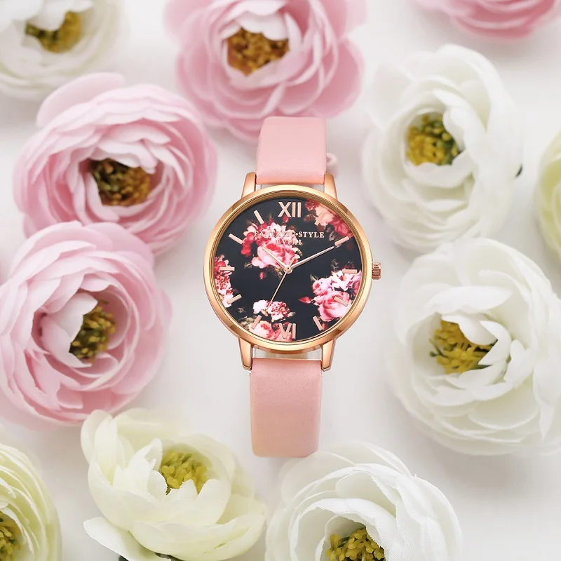 

Fashion Women Wrist Watch Pink Flower Dress Quartz Clock Leather Strap Bracelet Female Watch Zegarek Damski Relogio Feminino