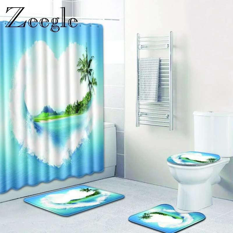 Zeegle 4Pcs Microfiber Bath Mat and Shower Curtain Set Bathroom Foot Pad Toilet Decor Mat Toilet Seat Cover Bath Accessories