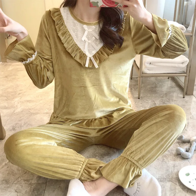 

Spring And Autumn Gold Velvet Pajamas Women's Sweet Lace Palace Princess Style Winter GIRL'S Home Wear Original Selfie