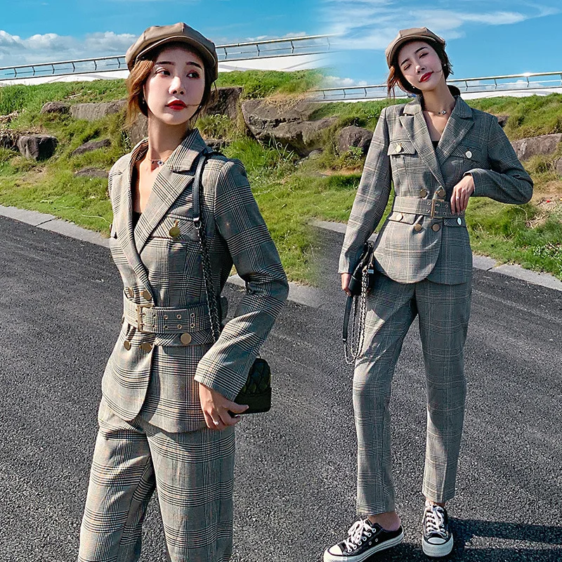 

Early Autumn New Style Plaid Suit WOMEN'S Suit 2019 Korean-style Western Style Two-Piece Set-Style Elegant by Age Business Leggi