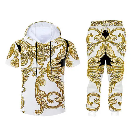 Hoodie Tees set Барокко 3d мужские спортивные костюмы наборы роскошный дворец золотой цветок печати на молнии с капюшоном тренировочные брюки комплект из 2 предметов на заказ одежда унисекс - Цвет: Hoodie Tees set