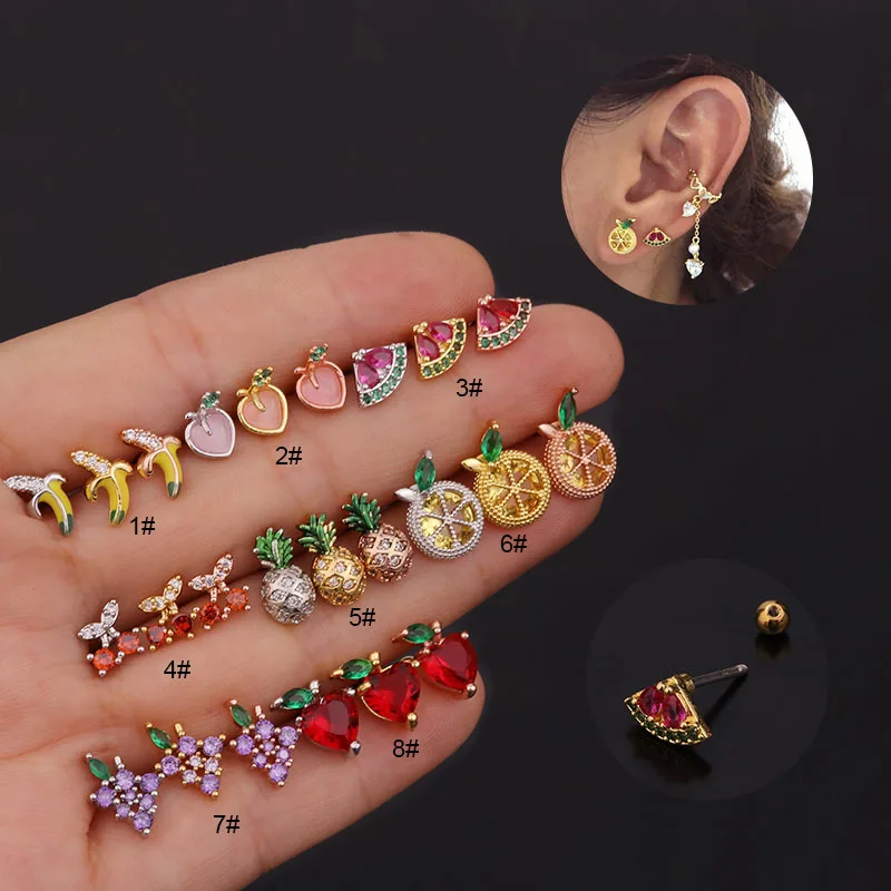 1PC Fashion Crystal Cartilage Ear Piercing Fruit Conch Lobe Earrings Barbell Banana Stud Helix Jewelry | Украшения и аксессуары