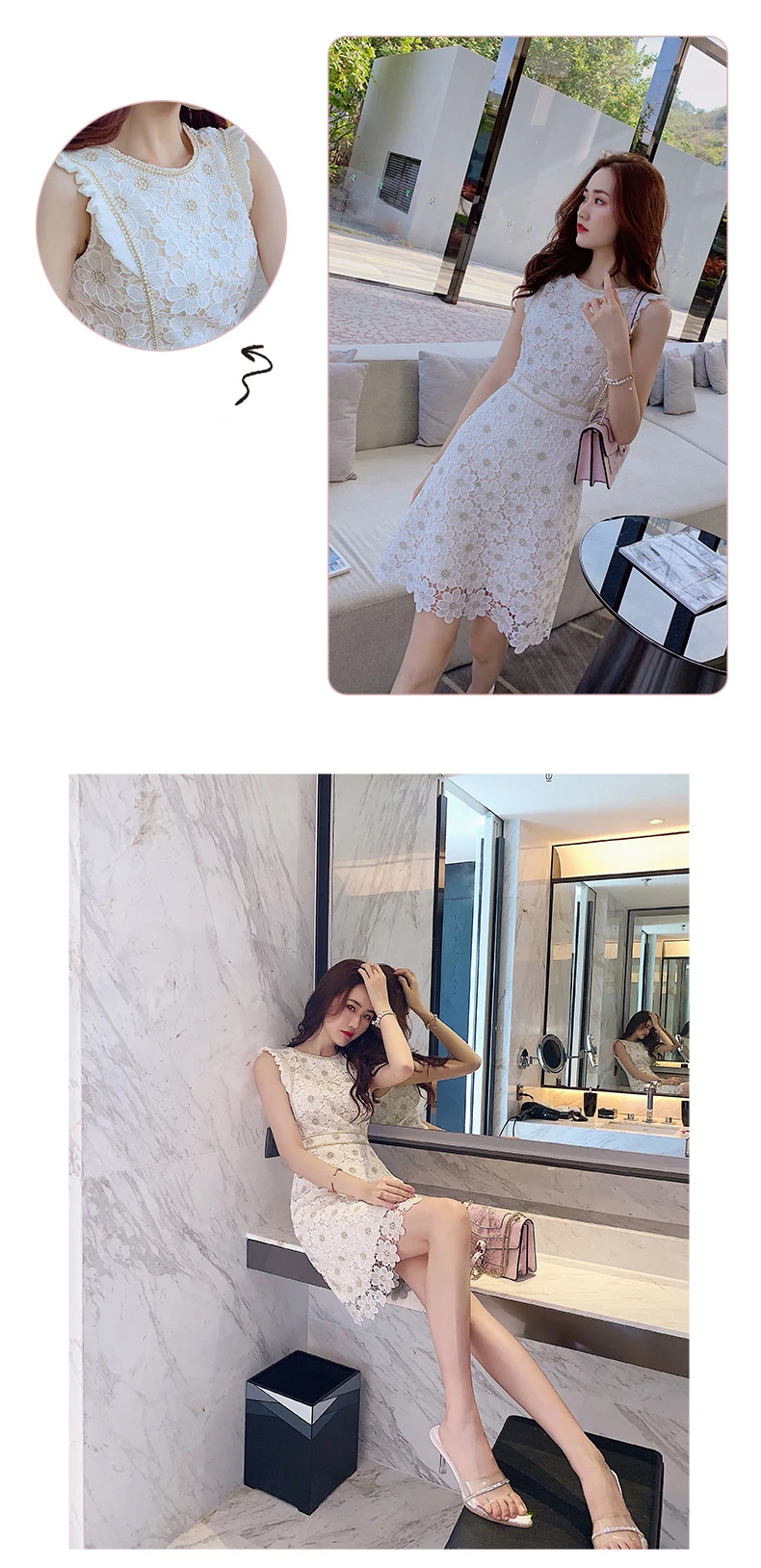 Women Lace Embroidery Dresses For Party 2021 Women'S Summer New Temperament Slim Round Neck High Waist Fashion Dress Office Lady