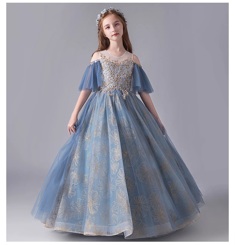 

Golden Lace Embroidery Girl Wedding Party Flower Girl Dress Long Tulle Kids Princess Pageant Gowns Girl First Communion Gown