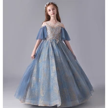 Золотое кружевное платье с вышивкой для девочек на свадебную вечеринку; платье с цветочным узором для девочек; длинное фатиновое детское платье принцессы для торжеств; платье для первого причастия для девочек