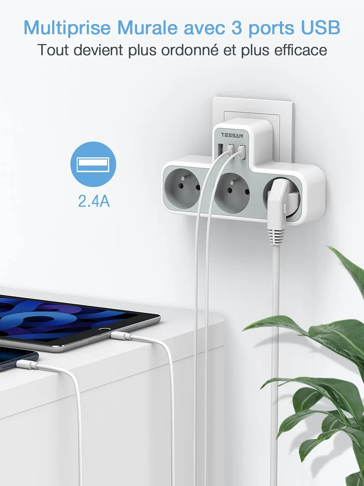 Multiprise murale avec 3 ports de charge USB