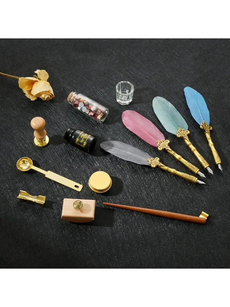 Retro Calligraphy Quill Feather Dip Pen with Nibs Wax Seal Stamp Holder Gift Box Stationery School Supplies