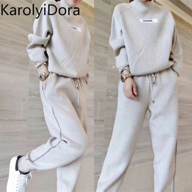 

Women's sets 2019 autumn winter Woolen and Cashmere Knitted warm Suit O collar Sweater + Harem pants loose style two-piece sets