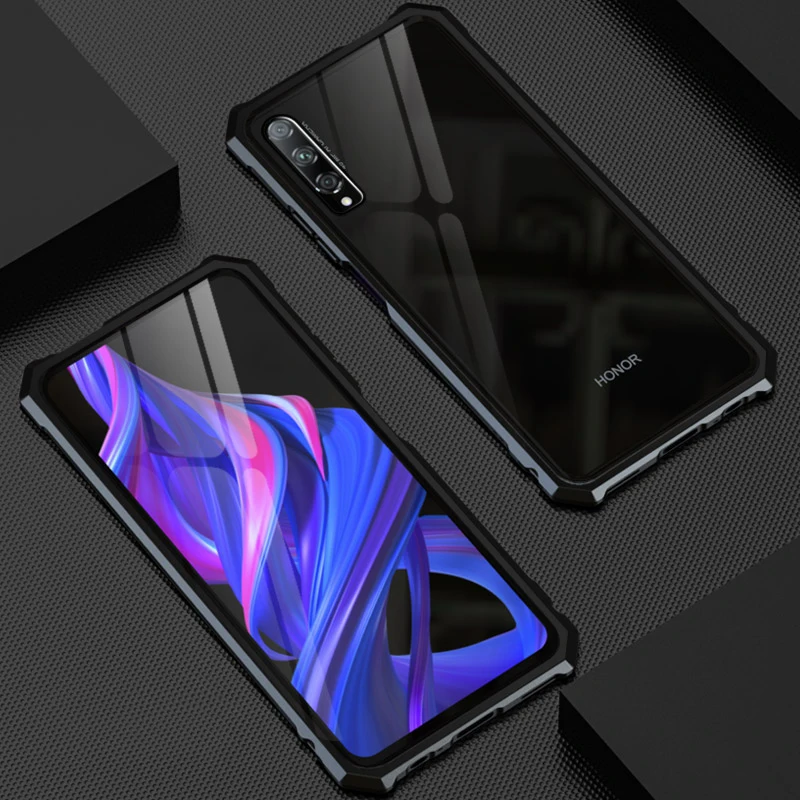 Роскошный тонкий ромб Алюминиевый металлический чехол для телефона Honor 9x/Pro задняя прозрачная закаленная стеклянная крышка для huawei Honor 9x/9x Pro Чехол