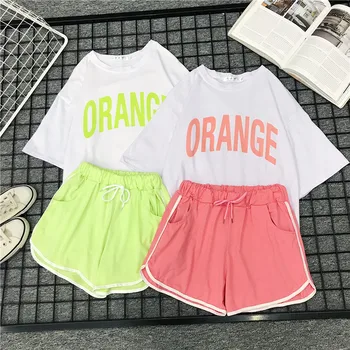 

2020 Women Summer Short Pants 2 Piece Sets Casual Streetwear Letter Printed T Shirt +elastic Short Pants Korean Style Sport Set