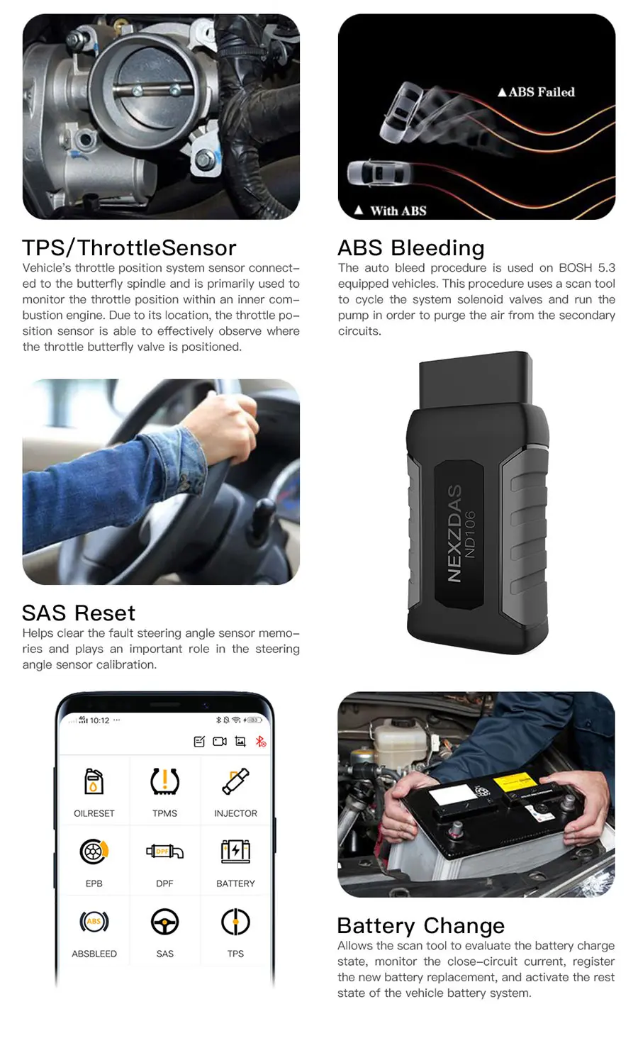 Humzor NexzDAS ND106 Bluetooth специальная функция сброса инструмента на Android и IOS для ABS, TPMS, сброса масла, DPF