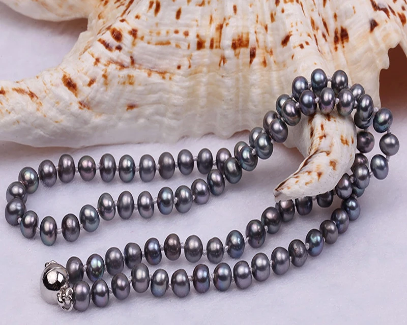 Pearl Necklace 6.0-7.0mm AA Black and Gray Flat Cultured Freshwater Pearl Necklace Party Wedding Mothers Day Gift
