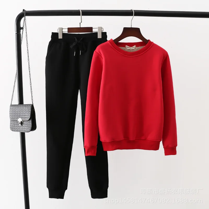 Tataria, 2 предмета, спортивный костюм для женщин, зима, длинный рукав, утолщенные толстовки, женские теплые костюмы, женский бархатный Повседневный Спортивный костюм - Цвет: Red-Black