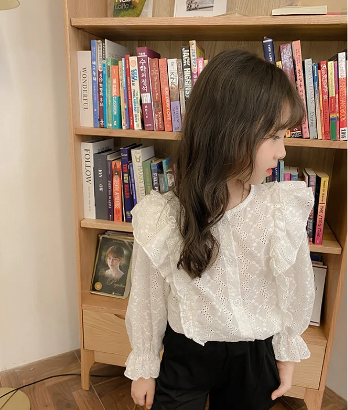 安い正規品 女の子用フリル付きコットンブラウス 韓国レースシャツ 長袖トップ 1 7歳の子供服 秋 コレクション21 新品正規品 Www Oin S Co Jp