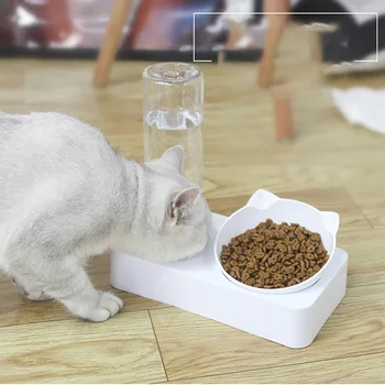 

Pet Bowl White Plastic Double Bowl Automatic Feeding Drinking Bowl Dog Cat Household Non-slip Dual-Use Bowl Pet Supplies