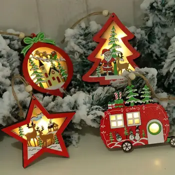 

Christmas Tree Pendant With Battery Wooden Color Luminous Small Pendant Christmas Tree Ornaments Various Frame Ornament Pendants