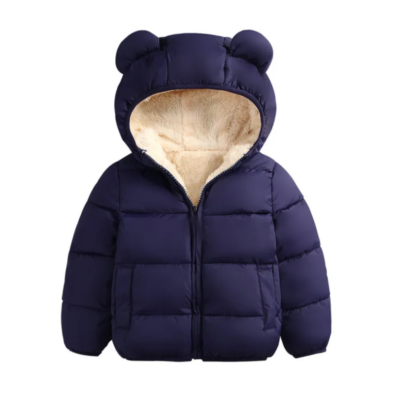 Abrigo de color sólido para niños, chaqueta acolchada de algodón con capucha y frente abierto con cremallera para niños y niñas, negro/azul real oscuro/rojo_voghion.com
