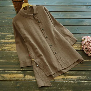 

7337 New Spring Women Shirt Chinese Literary Retro Color Buckle Linen Asymmetric Shirt Loose Turndown Collar Tops Women