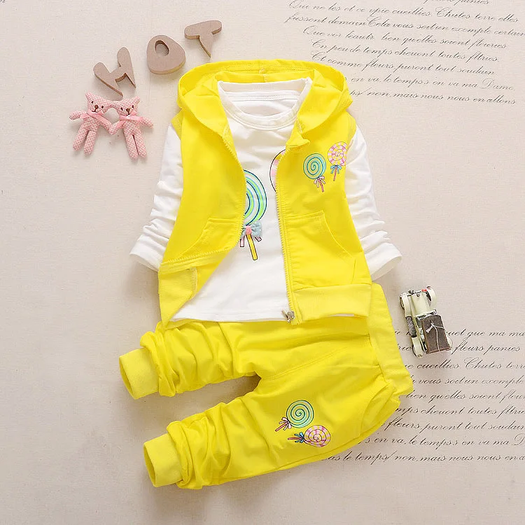 

2018 Spring And Autumn Korean-style Girls Lollipop Cartoon Printed Three-piece Set Children Pure Cotton Vest Suit